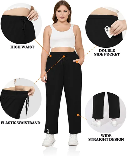 Vista 4 de FOREYOND Pantalones deportivos de talla grande para mujer, pantalones de yoga de pierna ancha, pantalones de entrenamiento de punto con cordón