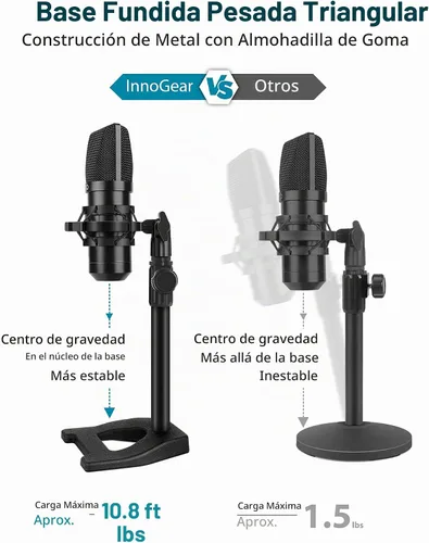 Vista 2 de InnoGear Soporte de micrófono de escritorio, mesa de escritorio con base ponderada, clip de micrófono de 3/8 a 5/8 pulgadas, altura ajustable
