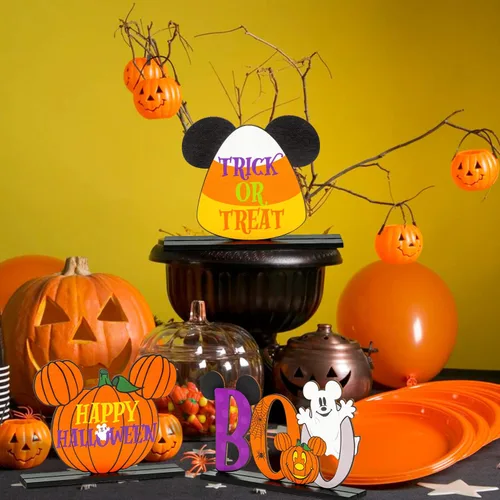 Vista 4 de 3 centros de mesa de madera de ratón de Halloween, decoración de mesa con letrero de truco o trato, centro de mesa de letrero Boo para Halloween