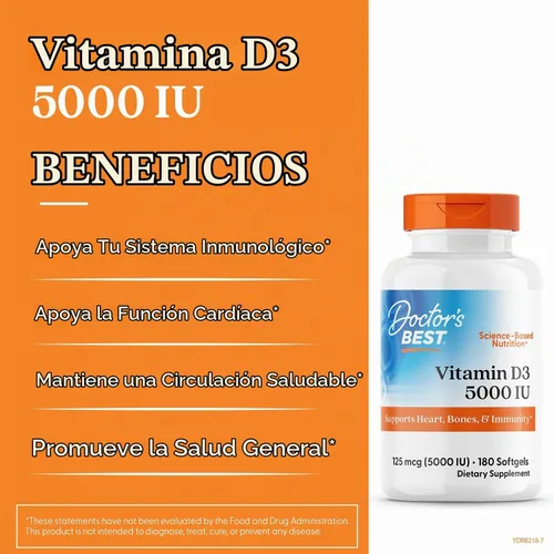 Vista 3 de Doctor's Best Vitamina D3 5000UI, sin OGM, sin gluten y soja, regula la función inmunitaria, favorece huesos saludables, blanco, sin sabor, 180