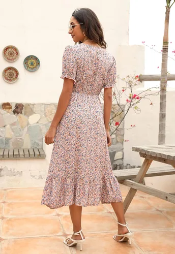 Vista 2 de Manydress Vestidos casuales con estampado floral para mujer vestido de verano con cuello en V bohemio vestido cruzado con bolsillos MY107