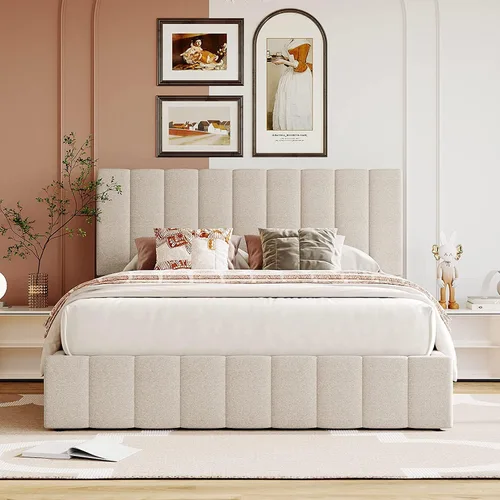 Vista 3 de Harper & Bright Designs Cama de plataforma tapizada tamaño Queen con cabecero con respaldo de alas y soporte de listones de madera, color beige