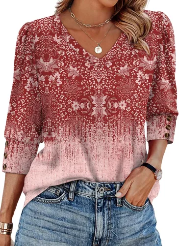 Vista 17 de XIEERDUO - Blusas de manga 3/4 para mujer, cuello en V, con botones, estilo A-blanco