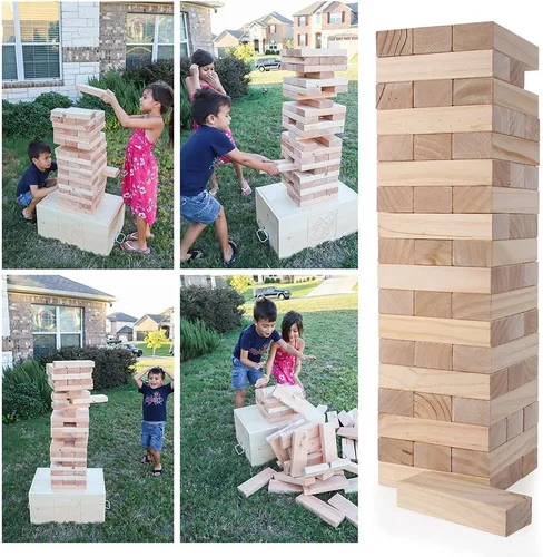Vista 3 de Juegos de torre gigante de volteo de bloques de madera para apilar + juego de lanzamiento de bolsas de frijoles para adultos, niños, diversión