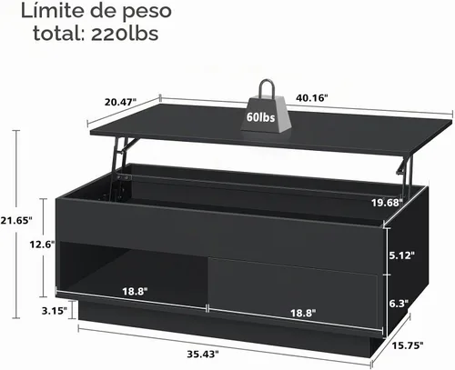 Vista 7 de HOMMPA - Mesa de café con tapa elevable de 40" con almacenamiento, mesa de centro LED moderna de alto brillo para sala de estar, mesa de té moderna