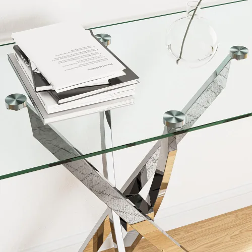 Vista 6 de Mesa consola de vidrio templado con patas cromadas, moderna mesa de sofá estrecha para entrada de pasillo (plateado, 39 x 18 x 30 pulgadas)