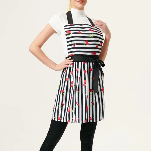 Vista 5 de Encantador y cómodo Claccic Negro Rayas y Moda Cereza Falda Delantal Mujer Cocina Mujer Delantal para damas Niñas Esposa Hija (negro), Negro