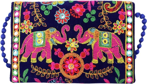 Vista 5 de Rajasthani tradicional bordado elefante ilustraciones gran tamaño bolso