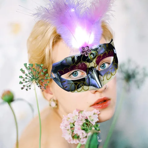 Vista 2 de Cara de Halloween M-asks para mujer, venecianas, fibra LED, M-ask para mascarada, fiesta, carnaval, princesa, plumas, M-asks (plata, talla única)