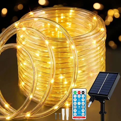 Vista 15 de ANJAYLIA Cuerda de luces solares de 33 pies con 100 luces LED para exteriores, impermeable, funciona con energía solar con 8 modos para exteriores