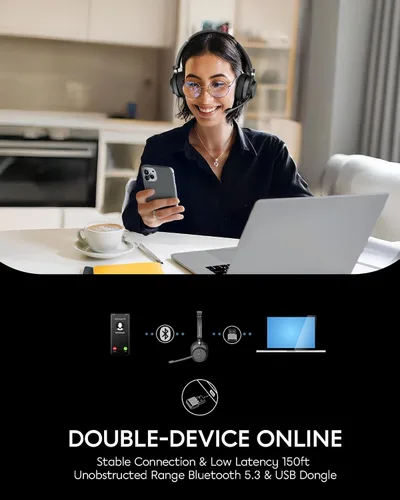Vista 5 de Auriculares inalámbricos Bluetooth con micrófono para el trabajo, Bluetooth 5.3, micrófono de reducción de ruido con voz HD, sonido estéreo de alta