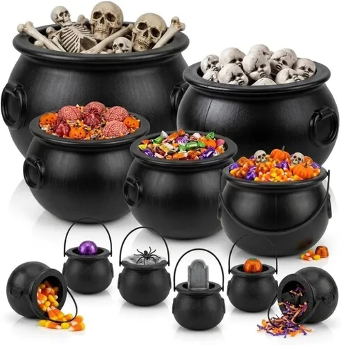 Vista 5 de PMU 2 piezas de caldero de Halloween – 10 pulgadas, 8 pulgadas, cuenco de caldero de plástico de bruja negro, para decoración de Halloween