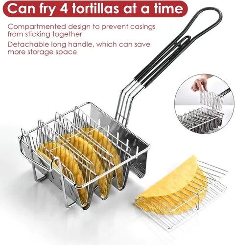 Vista 4 de Cesta para freidora de tacos de 4 carcasas, molde de acero inoxidable para freír, cesta de freidora con mango desmontable, herramienta profesional