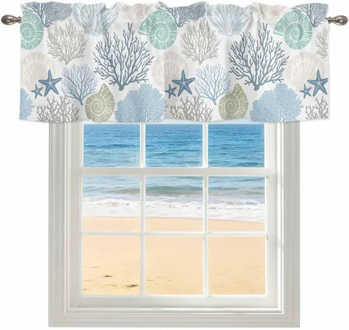 Vista 21 de Cenefa de amarre para ventanas, cortinas náuticas costeras de coral, cenefas con bolsillo para barra, cortinas de ventana con temática de playa