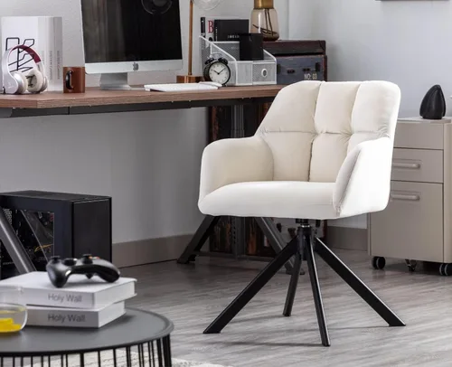 Vista 4 de EALSON Cómoda silla de escritorio de terciopelo moderna para computadora, sin ruedas, silla giratoria con brazo de respaldo medio para sala de Beige