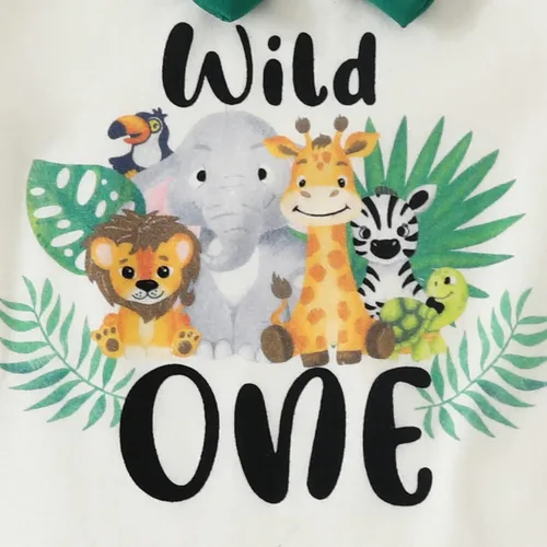 Vista 4 de Traje de primer cumpleaños para bebé niño Wild One Animal Bowtie Romper pantalones cortos con tirantes