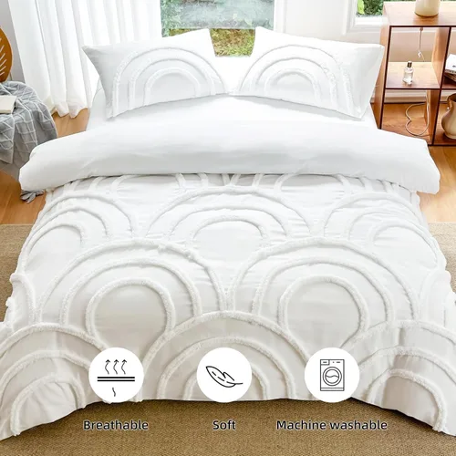 Vista 3 de MEILA Juego de funda de edredón de microfibra lavada, tamaño individual, diseño de arco acolchado, juego de ropa de cama de 2 piezas, bordado