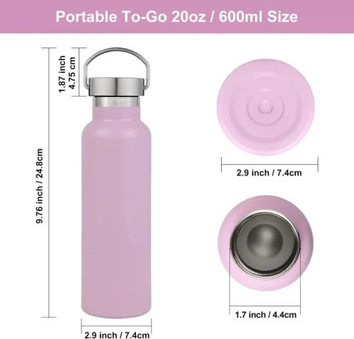 Vista 5 de Neihepal Botellas de agua aisladas de 20 onzas, botella deportiva de doble pared de acero inoxidable con tapa de asa (8, rosa)