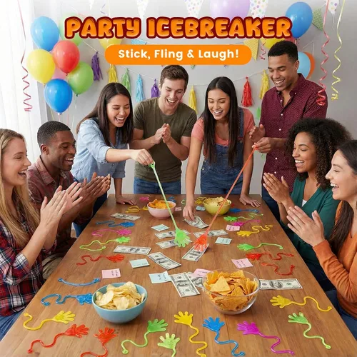 Vista 3 de POPLAY 56 unidades de manos pegajosas para fiestas, manos pegajosas brillantes y brillantes, juego de recuerdos de mesa para niños, bolsas