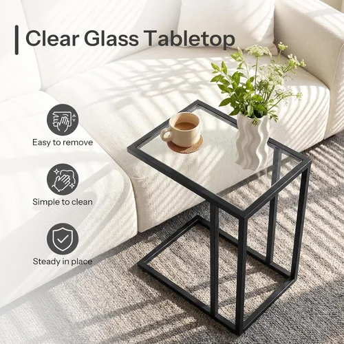 Vista 8 de HOOBRO - Mesa auxiliar en forma de C, mesa auxiliar de cristal con marco de metal Mesa de centro para espacios pequeños, estilo moderno, para sala
