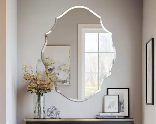 Vista 16 de Espejo de pared ovalado sin marco: Espejo decorativo elíptico de vidrio espejado para tocador con borde plateado biselado para baño, dormitorio