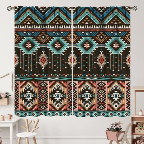 Vista 24 de Cortinas con patrón geométrico tribal, estilo suroeste, azteca, rústico, occidental, nativo americano, opacas, con bolsillo para barra, decoración