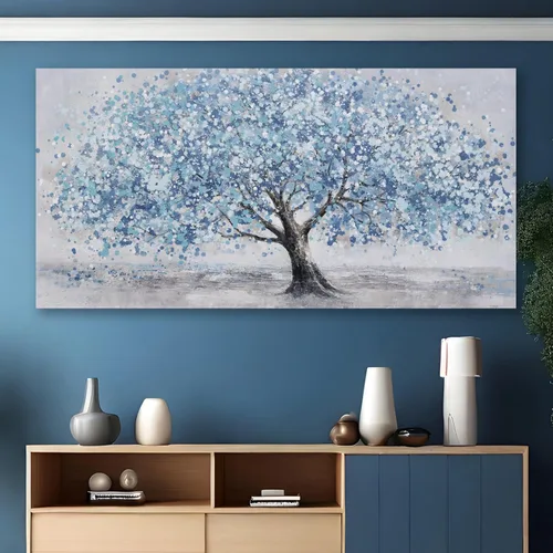 Vista 3 de Arte de pared de árbol de la vida, cuadro de árbol azul, decoración de pared, obra de arte enmarcada, lienzo abstracto, pintura de la naturaleza