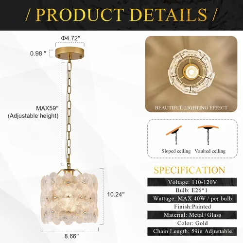 Vista 3 de Lámpara colgante de cristal dorado, paquete de 1 lámpara colgante de techo pequeña con flores modernas, 1 luz para cocina, isla, fregadero, comedor