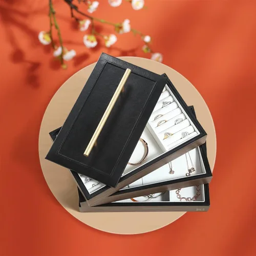Vista 6 de Caja organizadora de joyas de viaje, organizador de joyas para mujeres y niñas, madera con mango de metal, estuche de joyería portátil