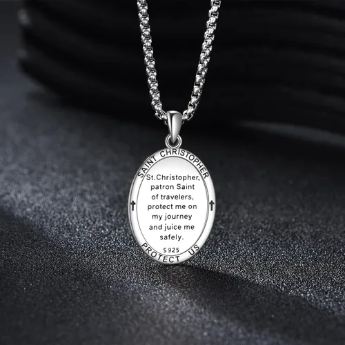 Vista 3 de Collar de Santo Patrón Plata de Ley 925 Colgante Medallón Amuleto Ovalado con Cadena de 22+2 Pulgadas Regalo de Joyería para Hombres y Mujeres
