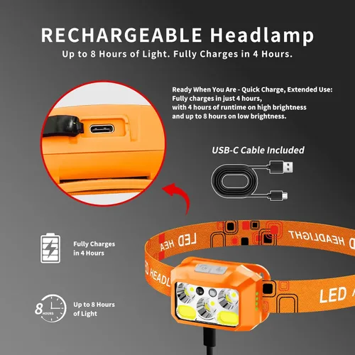 Vista 5 de Linterna frontal LED recargable, 800 lúmenes con luz roja y blanca, 8 modos, sensor de movimiento, carga USB-C, IPX4 impermeable (1, naranja)