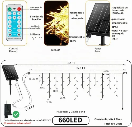 Vista 2 de Luces solares de carámbano impermeables para exteriores, 82 pies, 660 LED, luces de Navidad para exteriores con control remoto, luces LED