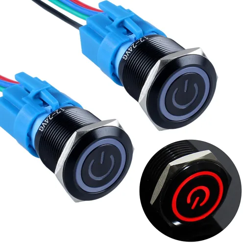 Vista 15 de 2 piezas interruptor de botón pulsador con pestillo de 16mm, 12V-24V, encendido/apagado, 1NO 1NC, impermeable IP66, carcasa de metal negro