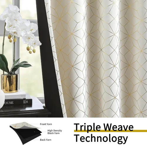 Vista 3 de Beauoop - Cortinas opacas 100% de 54 pulgadas de largo para dormitorio y sala de estar, con patrón marroquí dorado, paneles de tratamiento