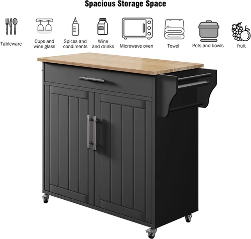 Vista 6 de Carrito de isla de cocina con almacenamiento, madera, negro