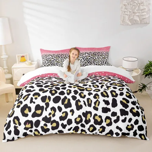 Vista 23 de Juego de funda de edredón para niños, tamaño individual, diseño de cebra y leopardo con purpurina, decoración de habitación para niñas y mujeres