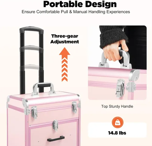 Vista 4 de YIYIBYUS Estuche de maquillaje rodante, 3 capas de carritos cosméticos profesionales grandes con cerraduras, estuche de viaje de maquillaje con Rosa