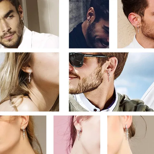 Vista 4 de Aretes de cruz de plata de ley 925, delicados aretes de aro para mujeres y hombres