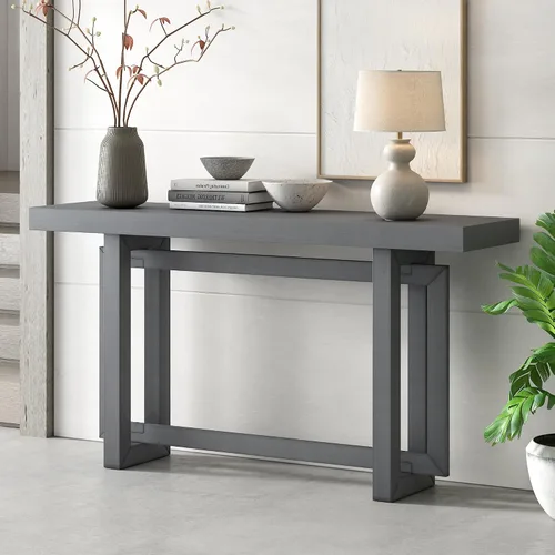Vista 21 de Mesa de consola de madera de 152 cm con tapa de chapa de roble y patas curvadas delgadas de madera de goma, elegante mesa de sofá para sala