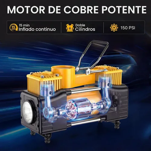 Vista 2 de YUNGTEE Inflador de neumáticos portátil, compresor de aire de doble cilindro de 12 V 150 PSI Luz de emergencia LED, manguera de extensión de 11