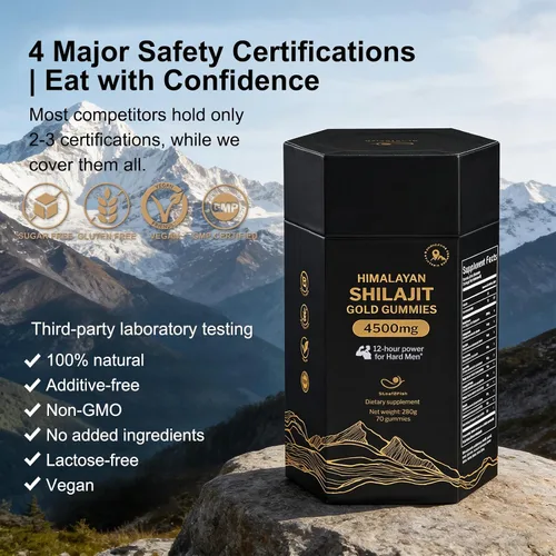 Vista 6 de Gomitas Shilajit orgánicas puras del Himalaya con Ashwagandha y musgo marino - Suplemento Shilajit dorado para hombres y mujeres, más de 105