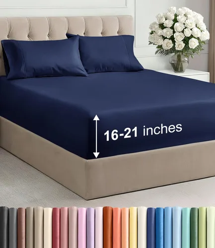 Vista 104 de Juego de sábanas tamaño Queen con bolsillos extra profundos, sábanas transpirables y refrescantes de 4 piezas, ropa de cama de lujo para hotel