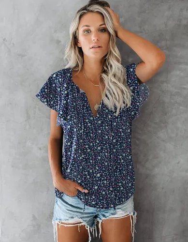 Vista 3 de SimpleFun Blusa de verano de manga corta con cuello en V floral para mujer
