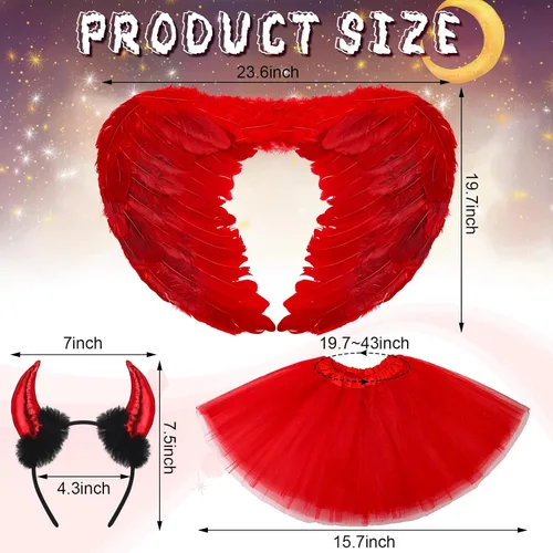 Vista 2 de Xtinmee Disfraces de ángel y diablo de Halloween para mujer, incluye diadema, falda tutú, alas, gemas y cuernos de diablo, pajarita en la cola