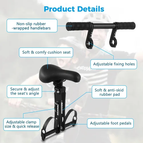 Vista 6 de Lnrueg Asiento de bicicleta para niños para bicicleta de adulto, asiento de bicicleta para niños con manillar y pedales de pie, asiento de bicicleta