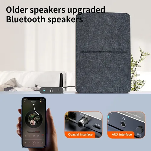 Vista 5 de Adaptador receptor Bluetooth 5.2 para altavoces estéreo para el hogar antiguo, receptor transmisor de audio inalámbrico para auriculares, soporte