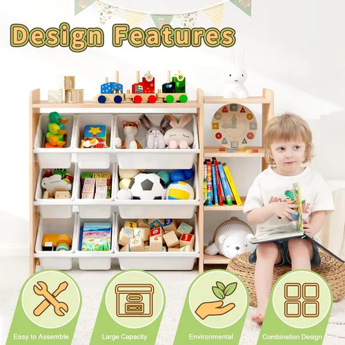 Vista 18 de MallBest Estante organizador de almacenamiento de juguetes para niños de 4 niveles, 100% madera maciza, armario de almacenamiento para niños con 9