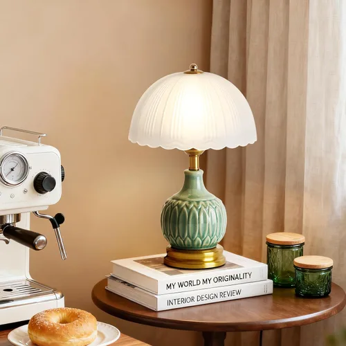 Vista 6 de Juego de 2 lámparas de mesa de cerámica, lámparas de mesita modernas verdes de estilo vintage de mediados de siglo, lámpara de escritorio retro