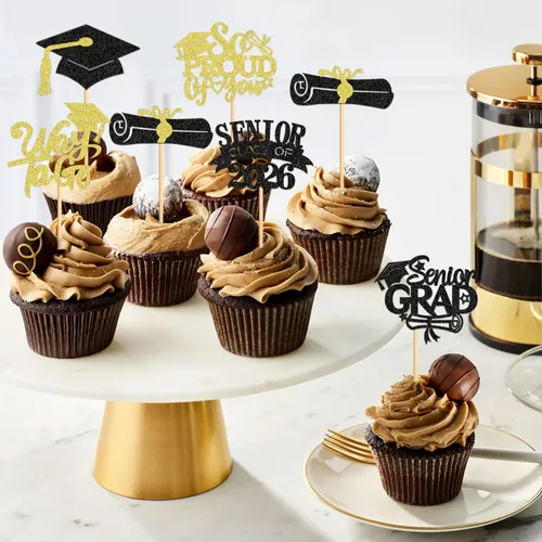 Vista 4 de Ercadio 36 piezas 2026 adornos para cupcakes con purpurina negra y dorada para graduación senior So Proud Of You Senior Class of 2026 Way to Go