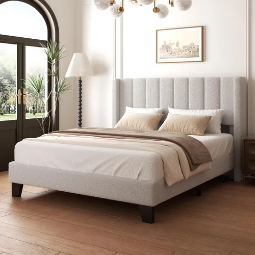 Vista 11 de Base de cama tamaño matrimonial con cabecero, marco de cama plataforma tapizado con cabecero de terciopelo tipo osito de peluche, soporte